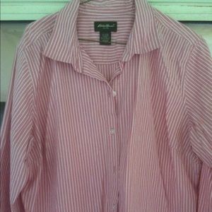 Eddie Bauer pink/white striped shirt, 3/4 sleeves